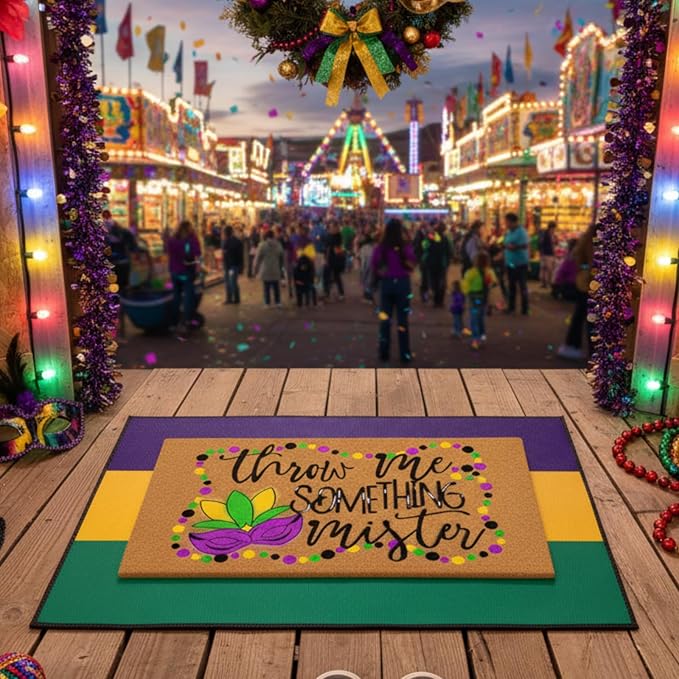 Moucuny 2 Pcs Mardi Gras Coir Doormat Outdoor Mardi Gras Welcome Outdoor Rug Layered Purple Yellow Green Stripe Rug for Carnival Front Porch Entryway Decor