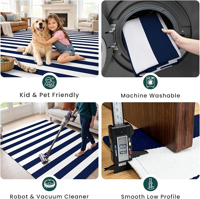 KOZYFLY Striped Rug 3x5 Front Door Rugs Blue White Cotton Woven Washable Indoor Outdoor Rug Entrance Doormat for Front Porch Kitchen Patio Decor Outdoor Mat