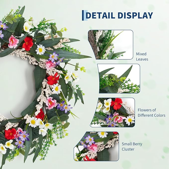 Garvee 20 Inch Artificial Spring Flower Wreath for Front Door | Colorful Floral Door Wreath with Eucalyptus Leaves, Daisies, and Mixed Blooms for Indoor Outdoor Porch Wall Window Home Decor