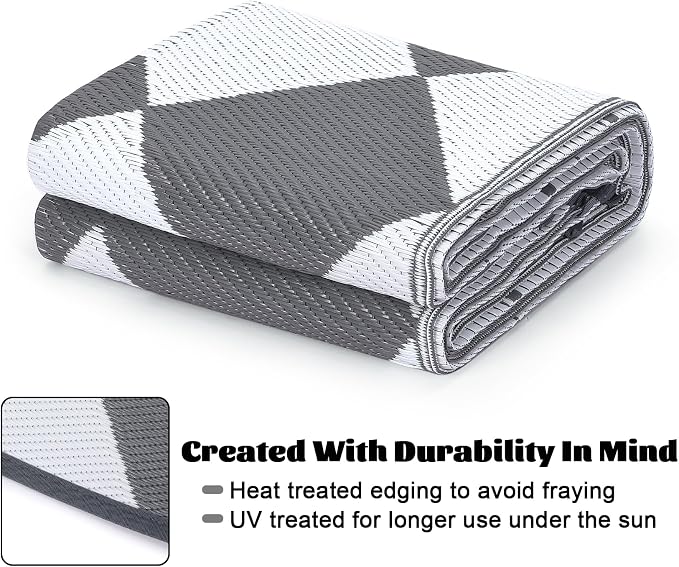 GarveeLife 5x8 Outdoor Rug for Patio Reversible, Plastic Straw Rug Waterproof Camping Rug Portable, Foldable Lightweight Mat for RV, Patio, Backyard, Deck, Picnic, Beach (Grey/White)