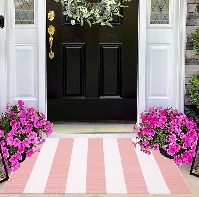 Outdoor Front Door Mat 24"x35",Cotton Woven Washable Striped Layered Doormat Pink and White Indoor Outdoor Area Rug for Entryway Porch Decor Home Entrance