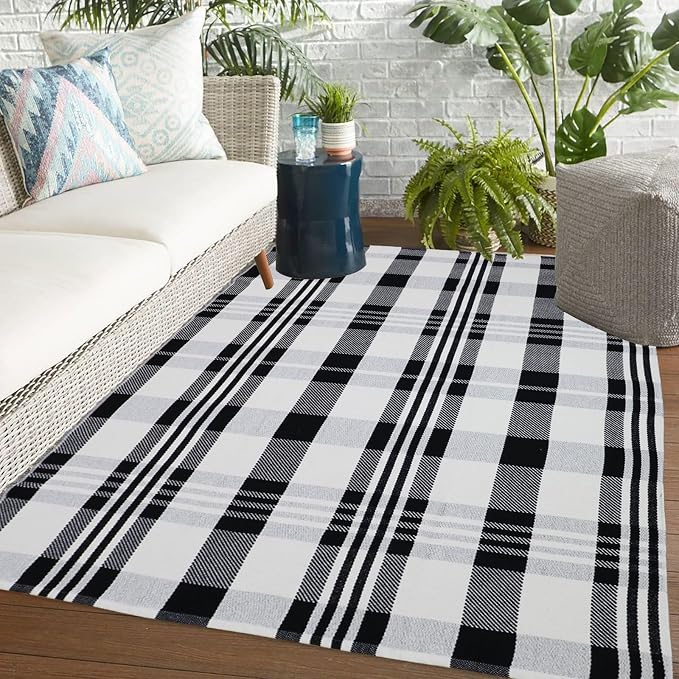 Fall Décor Plaid Rug, 4' x 6' Black&White Check Indoor/Outdoor Area Rug, Layering Rug for Hello/Welcome Door Mat, Machine Washable Cotton Woven Rugs for Farmhouse Front Porch, Entryway