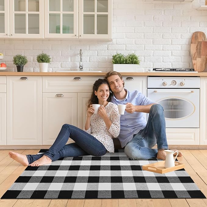 Buffalo Plaid Rug 3x5 Cotton Woven Buffalo Check Rug Black and White Checkered Outdoor Rug Washable Indoor Outdoor Area Rug Layered Front Door Mats Carpet for Farmhouse Entryway Living Room Bedroom