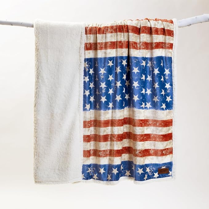 Carstens, Inc. Carstens Wrangler Stars & Stripes USA American Flag Sherpa Fleece 54x68 Throw Blanket, White