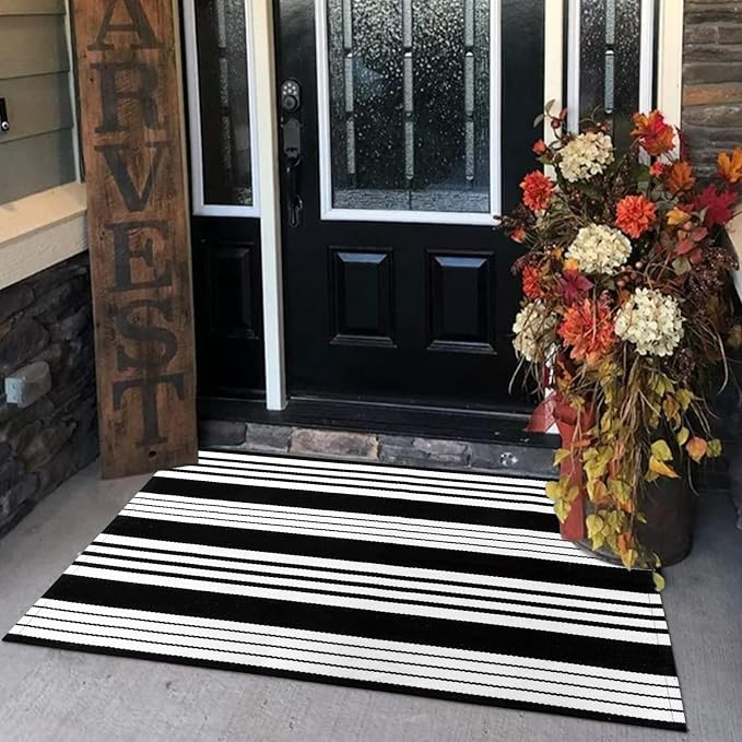 LEEVAN 3'X5' Black and White Striped Woven Cotton Reversible Outdoor Rug | Small Machine Washable Front Porch Rug, Entryway Door Mat, Indoor Layering Carpet for Farmhouse Bathroom Laundry