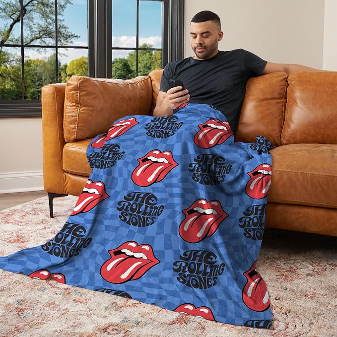 Northwest The Rolling Stones Psychedelic Check Throw Blanket, Oversized Rock and Roll Silk Touch Throw 50x70, Ultra-Soft Lightweight Fleece, Rock Band Music Decor
