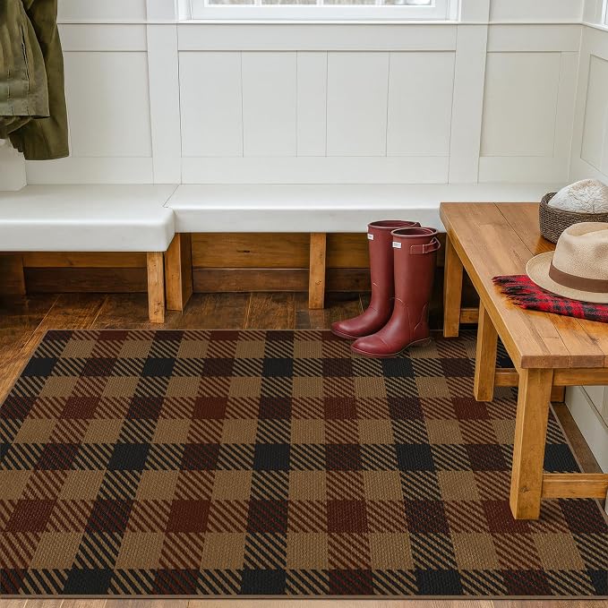 3x4 Entryway Door Mat Indoor – Washable Non Slip Small Rug for Front Door, Kitchen Sink, Mudroom, Garage Entry, Low Profile Easy Clean Farmhouse Plaid Floor Mat