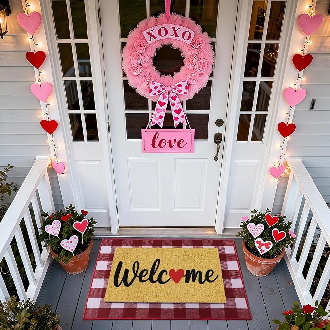 2 Pcs Valentines Day Welcome Doormat, Heart Welcome Door Mat Valentines Day Non Slip Coir Plaid Mat Layering Doormats Seasonal for Home Bathroom Front Porch Entryway Decor 24"x 32"