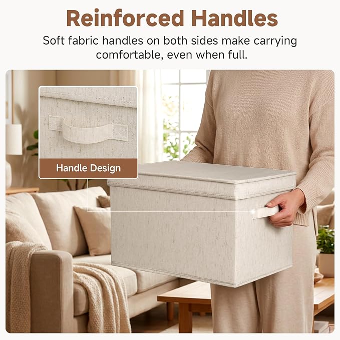 StorageWorks Fabric Storage Bins with Lids, Decorative Storage Bins with Soft Handles, Foldable Storage Baskets for Closet, Shelves, Stackable and Sturdy Organization, Beige, Jumbo, 3-Pack