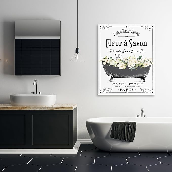 French Flower Bathtub Floral, 36 x 48 Inch Canvas Wall Art | Stupell Industries · By Lettered and Lined · Ready to hang · Bathroom to bedroom decor · Made in USA