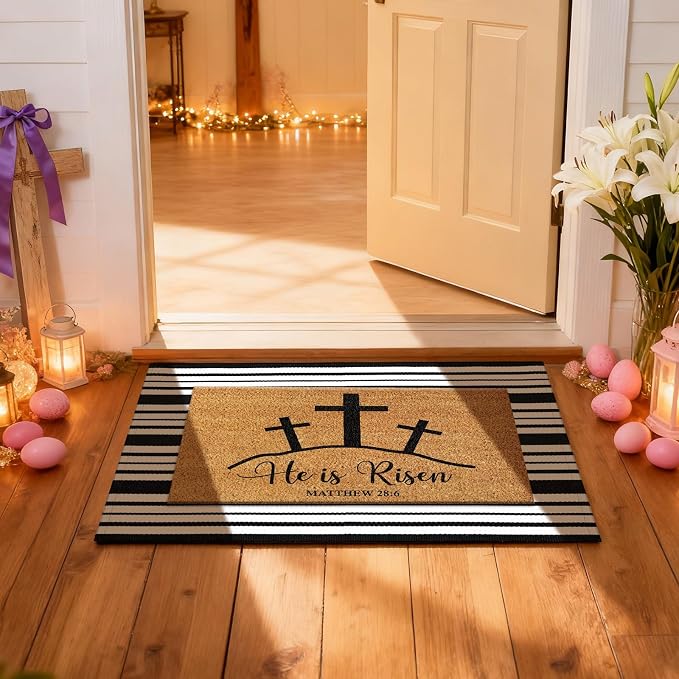 Moucuny 2 Pcs Easter Coir Doormat Outdoor Mat He is Risen Welcome Door Rug Layered Black and White Stripe Rug Coir Easter Mat for Outdoor Front Porch Entryway Decor