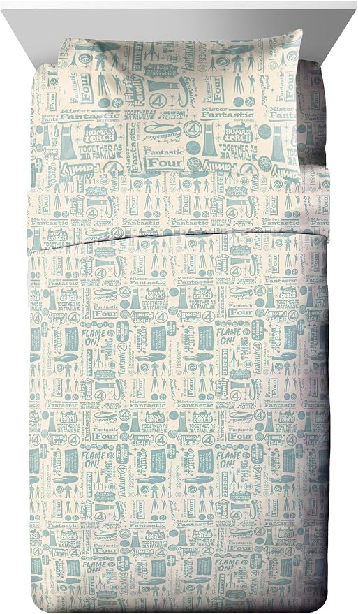 Marvel Fantastic Four Twin Comforter Set 5 Piece Superhero Bedding, Blue | Bed in a Bag, Comforter Sheets Sham Pillowcase, Official Product, Soft Microfiber, Machine Washable, Easy Care, Kids Gift