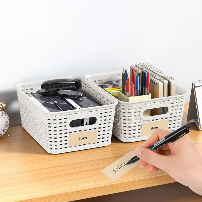 8 Pack Plastic Storage Baskets,White Stackable Storage Bins | 5.3qt Storage Containers with Labels for Organizing Shelves Drawers Desktop Closet Playroom Classroom Office
