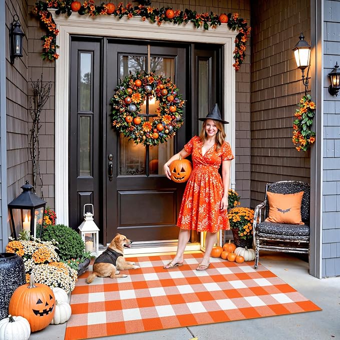 Uphome Bufflo Plaid Outdoor Rug 3'x5', Fall Decor Checkered Front Door Mat, Indoor Outdoor Farmhouse Porch Rug for Layered Door Mats, Washable Halloween White/Orange Area Rugs for Patio Entryway