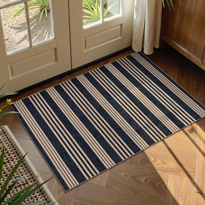 Lahome Striped Easy Jute Front Door Mat, 2x3 Washable Kitchen Outdoor Rug | Black Rugs for Entryway, Modern Farmhouse Neutral Mats, Lightweight Non Slip Carpet for Indoor Entrance Patio Porch Foyer
