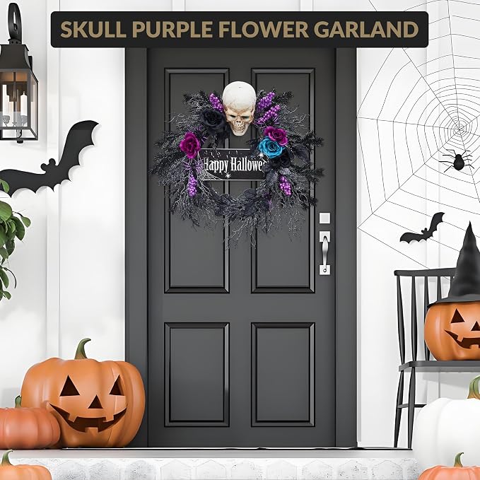 GarveeHome 22 in Halloween Wreath, with Black, Blue and Purple Flowers, Artificial Halloween Spooky Wreath with 20 Led Lights for Front Door, Porch, and Entryway