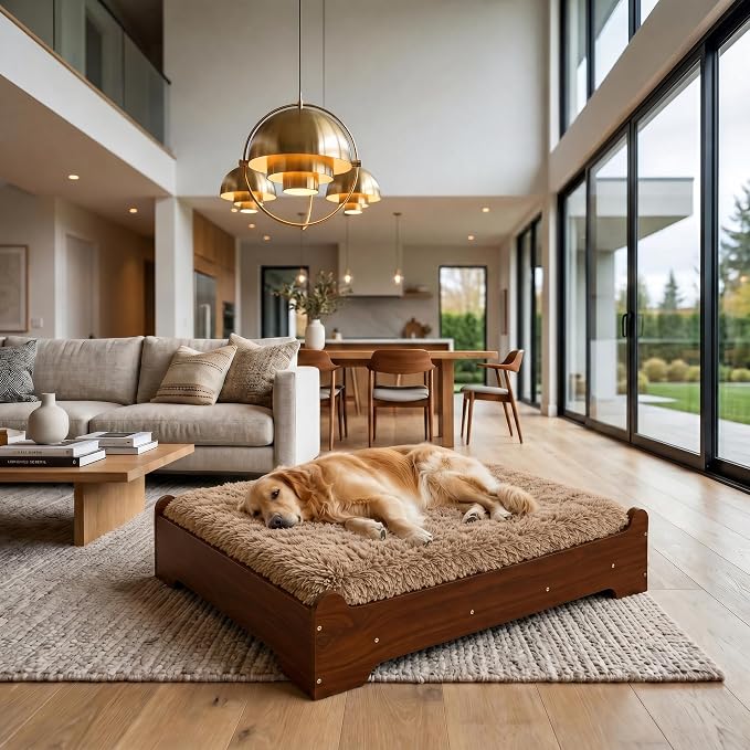 Elevated Wooden Dog Bed with Foam Mattress, Walnut, X-Large | Raised Dog Bed with Washable Cover and Supportive Foam Mattress, Crafted for Large Dogs and Modern Homes