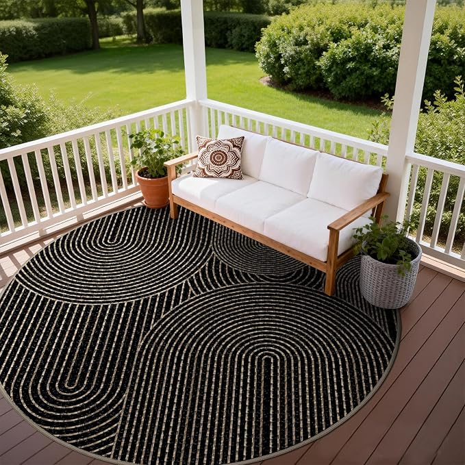 Faux Jute Outdoor Round Rug, 6ft Washable Indoor Outdoor Patio Rug, Black Non Slip Round Area Rug Farmhouse, Modern Carpet for Backyard Patio