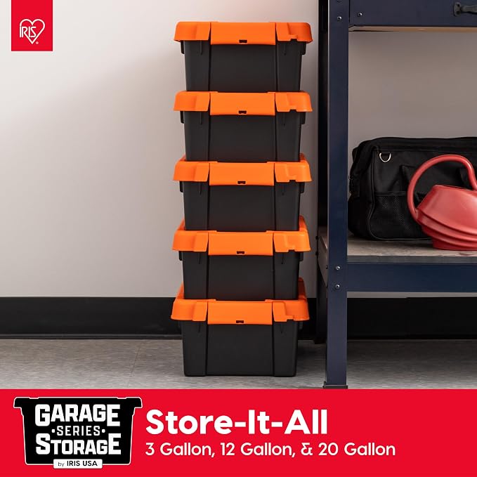 IRIS USA Lockable Storage Bins with Lids, 12 Gallon Heavy Duty, 2 Pack | Made in USA with lockable latches for garage organization, moving, camping gear, tools, equipment, and seasonal storage.