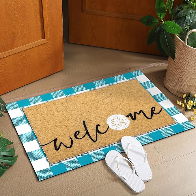 Tinideya 2 Pcs Summer Layering Door Mat, Ocean Seashells Welcome Coir Mats with Non Slip Rug for Front Porch Entryway Decor