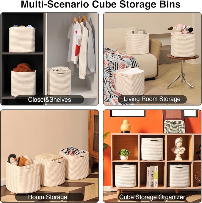 ICERZCZ 13 Inch Cube Closet Storage Bins, Woven Cotton Rope Organizer Baskets for Organizing & Shelves, Books, Towels, Clothes, Toys, 13x13x13 in, Off White (Pack of 3)