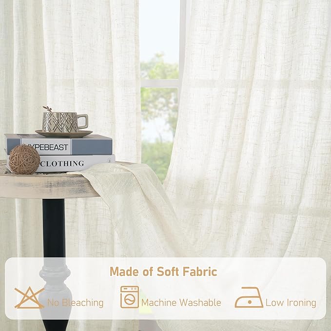 LAMIT Cream Linen Curtains 84 inch Length 2 Panels, Light Filtering Semi Sheer Panels Back Tab and Rod Pocket Neutral Boho Drapes for Bedroom/Living Room, 52 x 84 Inch