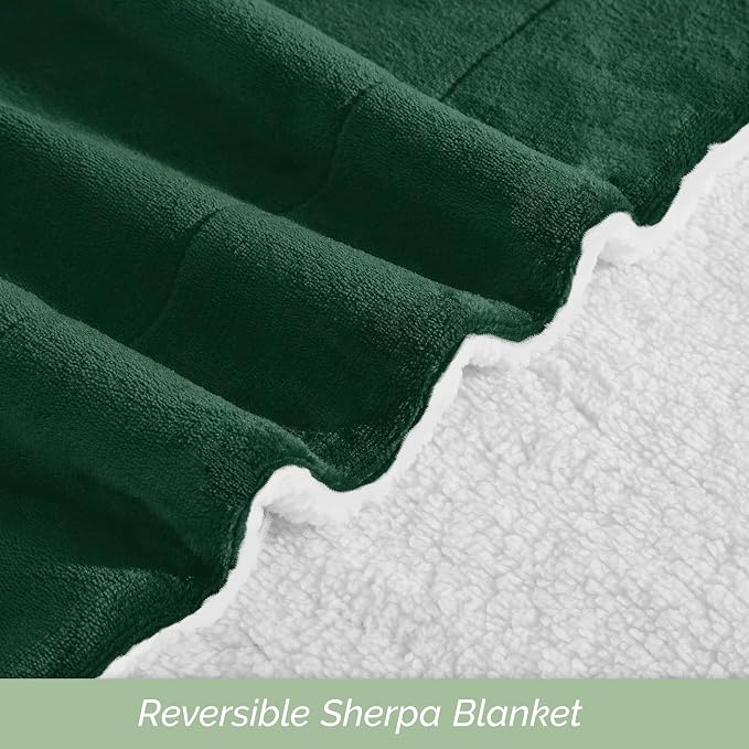 Elegant Comfort Ultra Soft Reversible Flannel Sherpa Blanket - Cozy Silky Fleece Throw for Couch, Bed - Plush Fuzzy Warm Winter Blanket for Gift, Queen, Hunter Green