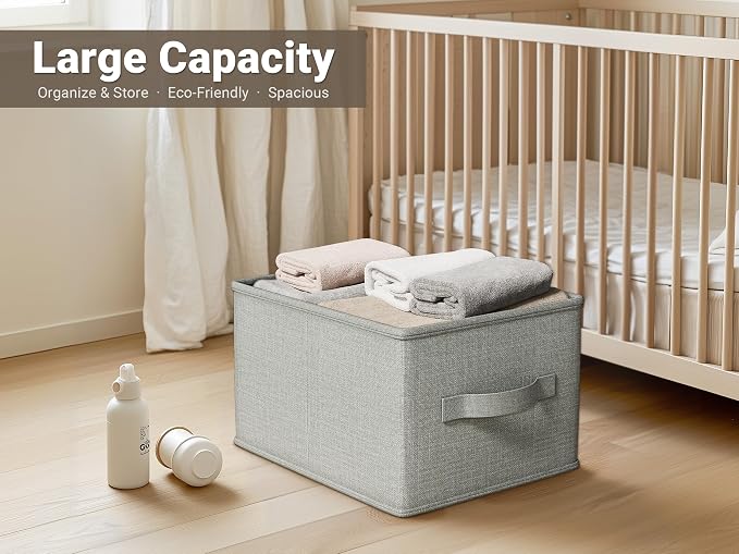LayerSpace 3 Pack Fabric Storage Bins for Shelves | 14.75x10.25x8.25 in Storage Baskets | Fabric Closet Organizers with Handles Home Organization | Linen Clothes Storage Bins | Light Gray | Thickened Rigid PP Panels, Cotton-linen Shelf Baskets, Measure...