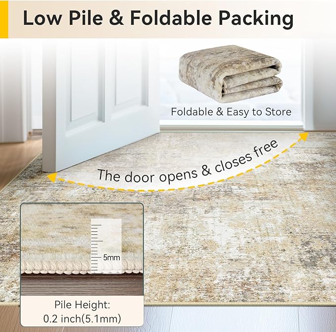 Washable Area Rugs 2'x6' Non-Slip Modern Abstract Soft for Living Room Entryway Bedroom Nursery, Print Pattern, Neutral Brown Gray
