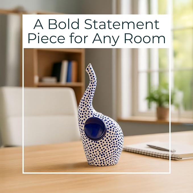 Ceramic Elephant Figurine Sculpture – Artful Accent for Room Decor and Display, Shelf, Desk, Or Entry Table Styling, Boho Home Decor Polka Dot Design with Raised Trunk – 11", Blue and White Finish