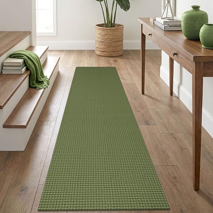 IOHOUZE Washable Runner Rug 2x8 Non Slip Rubber Backed Hallway Runner Entryway Runner Indoor, Kitchen Rugs Woven Cotton Floor Carpet for Kitchen Hall Entrance Bedroom, Olive Green/Earthy Green