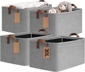 CHICVITA 4 Pack Large Foldable Storage Baskets for Shelves, Gray | 16.8 × 11 × 9.8 in, Metal Frame, Leather Handles, Clothes, Toys & Towels Storage, Nursery & Living Room Organization