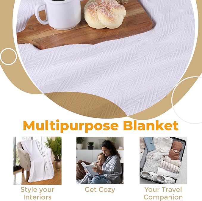 Superior Metro All-Season Cotton Blanket, Woven Blanket for Couch, Bed, Bedding, Farmhouse, Home Essentials, Cute and Cozy Bohemian Blankets, Herringbone Weave, Twin Size, White