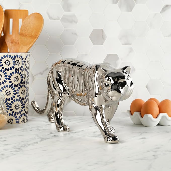Elements Silver Tiger Ceramic Statue, 16.53 x 4.92 x 6.89 Inch Elegant Crouching Tiger Figurine, Modern Silver Finish Animal Sculpture for Living Room and Office Decor, Large Tabletop Accent