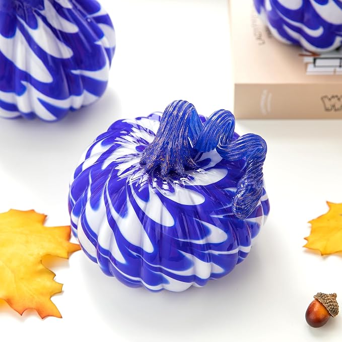 Glitzhome Hand Blown Glass Pumpkin 3pcs Fall Glass Gourd, Blue/White