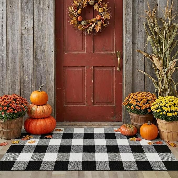SEEKSEE Buffalo Plaid Outdoor Rug 24x52 Black and White Front Door Mat, Layering Rug for Porch, Washable Doormat, Cotton Area Rug for Outdoor Entrance Entryway Patio Porch Decor