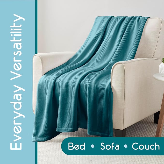 Vellux 100% Cotton Blanket, Queen, 90x90, Pacific Blue | Soft, Breathable Knit, Lightweight, All Season, Machine Washable, Oeko-Tex Certified, Hotel Quality