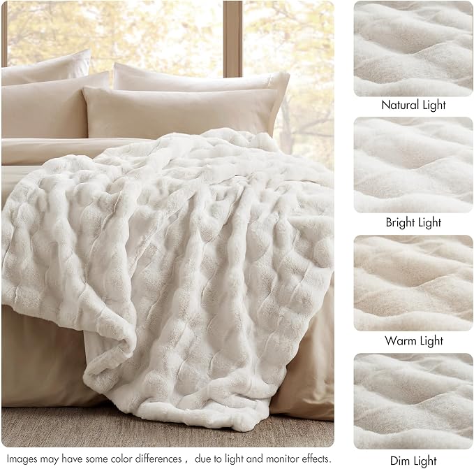 Madison Park Vivienne Faux Fur Throw Blanket Velvet, 50 x 60, Ivory | Cozy Warmth for Sofa or Bed, Reversible, Lightweight, OEKO-TEX Certified