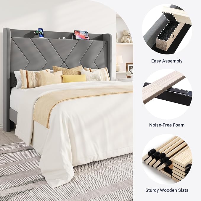 Allewie Full Size Platform Bed Frame with Charging Station and Storage Shelf/Upholstered Velvet Wingback Headboard/Wooden Slats Support/No Box Spring Needed/Easy Assembly, Grey