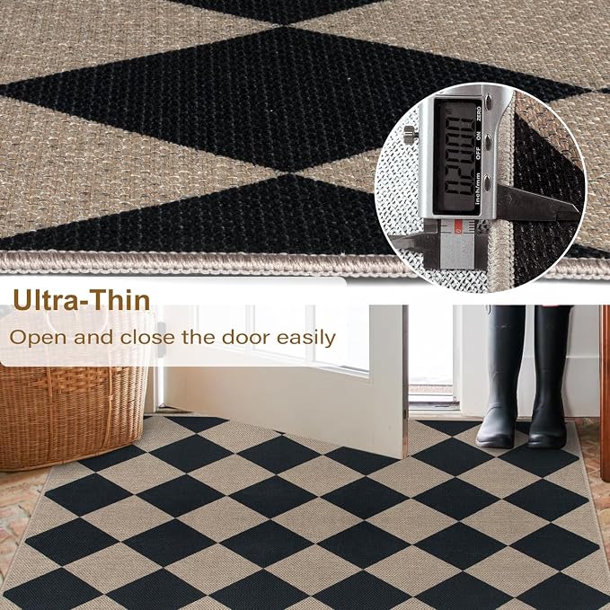 Rugalia Easy Jute Checkered Entryway Rug, 2.6x4 Black Modern Indoor Outdoor Doormat, Washable Non-Slip Neutral Kitchen Rug Farmhouse Diamond Throw Rugs for Entrance Bedroom Bathroom