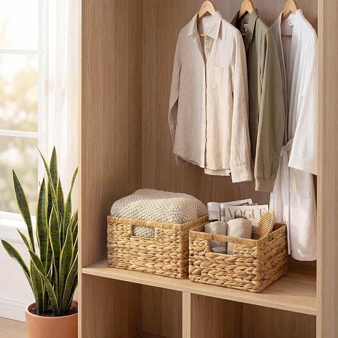 StorageWorks Wicker Baskets for Storage,Wicker Storage Baskets,2-Pack | Water Hyacinth Storage Baskets for Organizing,Wicker Storage Baskets for Shelves,Decorative Baskets,Woven Baskets for Storage