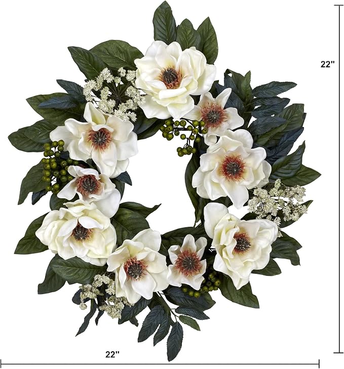 Nearly Natural 4793 22in. Magnolia Wreath,White | Billowy White Blooms with Berries and Buds, Premium Quality Craftsmanship, Perfect for Wall Accent and Door Styling