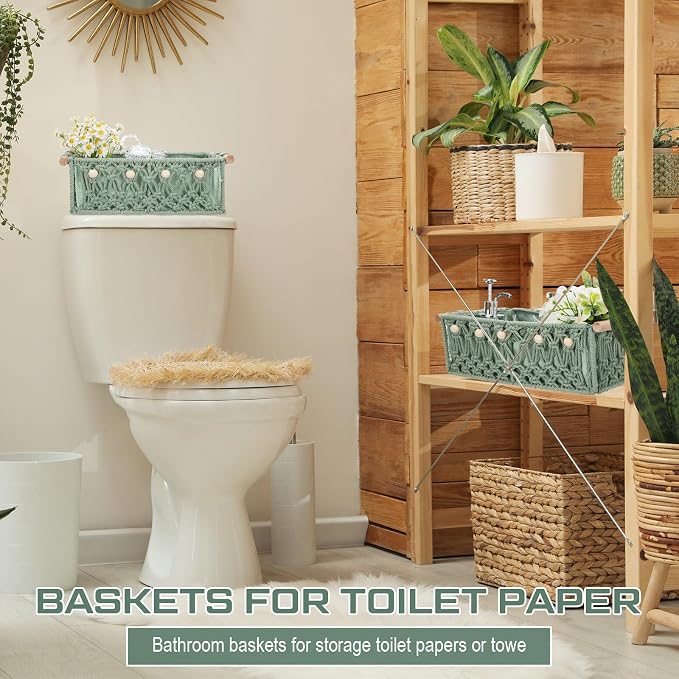 Vesici 4 Pcs Sage Green Macrame Storage Basket for Shelves 13" 11" Boho Storage Basket Hand Woven Boxes with Wood Handles Beads Decorative Countertop Toilet Cabinet Organizer for Home Decor