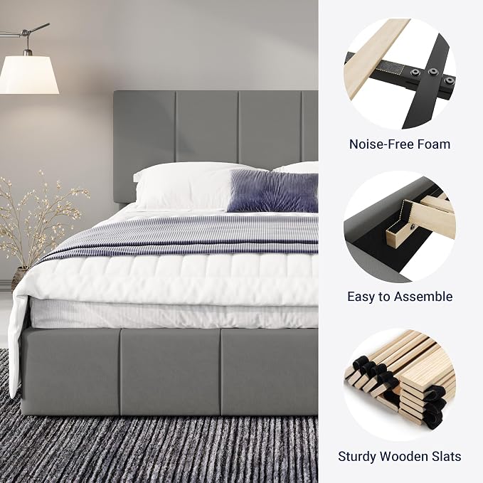 Allewie Queen Size Dutch Velvet Upholstered Platform Bed Frame/Vertical Channel Tufted Adjustable Headboard/Low Profile Bed Frame/No Box Spring Needed/Easy Assembly/Grey