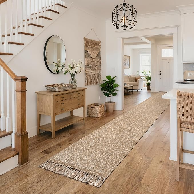Collive Boho Long Hallway Runner Rug, 2.6x14 ft Washable Runners Rugs for Entry Hall, Tan Modern Farmhouse Braided Kitchen Runer Carpet Woven Cotton Carpets Runners for Bedside