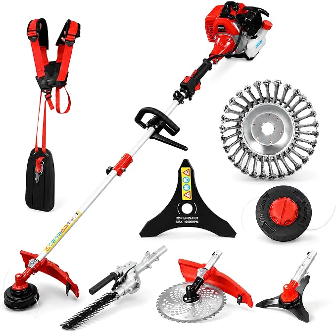 49cc/58cc 5-in-1 Gas Powered Weed Wacker Combo Brush Cutter Blade String Trimmer/Edger Pole Saw Pruner Hedge Trimmer Heavy Duty 2-Stroke Yard Tool with Harness Strap (49CC-5)