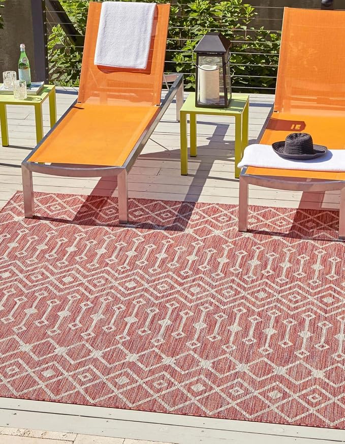 Unique Loom Outdoor Trellis Collection Area Rug - Tribal Trellis (13' Square, Rust Red/ Ivory)