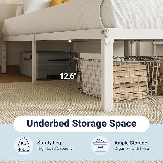 Allewie Queen Bed Frame, 14 inch Metal Beds with Storage Space, White | Heavy-Duty Metal Platform Beds, Large Under-Bed Storage Space, No Box Spring Needed, Easy Assembly