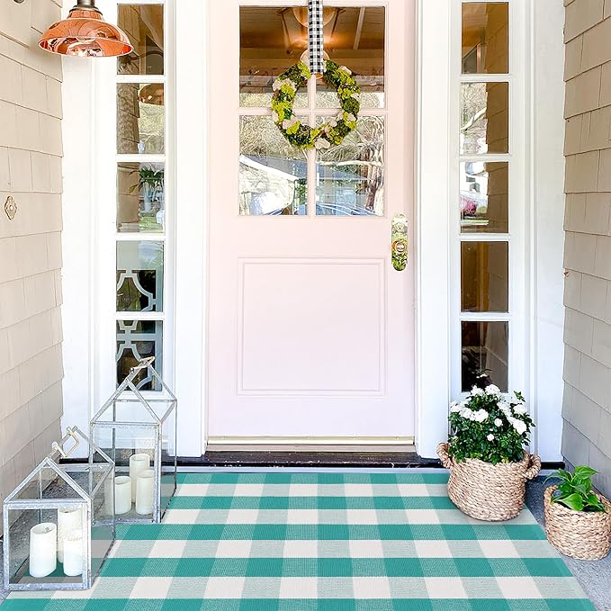 Spring Green & White Plaid Rug - 3' x 5' Outdoor Front Door Decor Mat Cotton Washable Hand-Woven Rug Christmas New Year Holiday Porch Entryway Layered Doormat