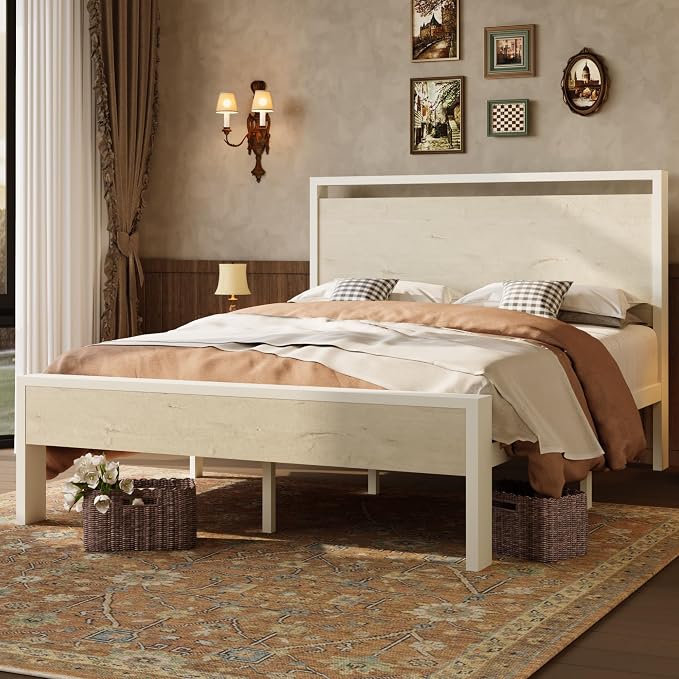 SHA CERLIN 14 Inch Full Metal Platform Bed Frame with Wooden Headboard and Footboard, No Box Spring Needed, Large Under Bed Storage, Heavy Duty Slats Support, White Washed Oak